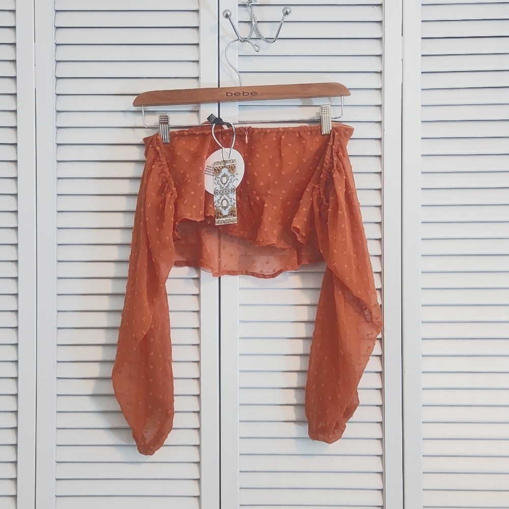 NWT boohoo Burnt Orange Sheer Off the Shoulder Crop Top - Picture 2 of 6